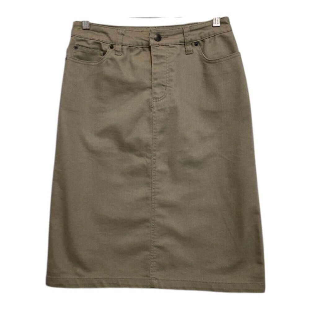 Liz Claiborne New York Denim Jean Skirt Khaki Green Stretch EUC Womens 4